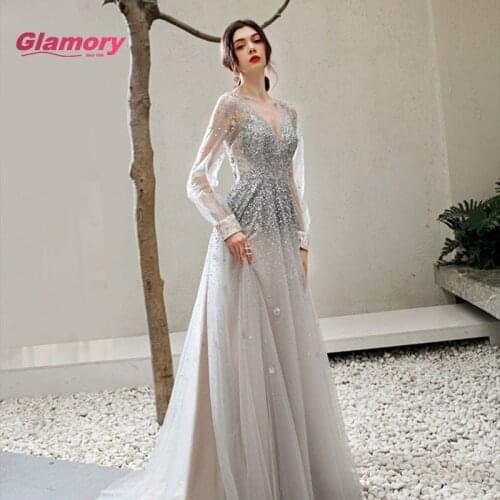 New Arrival V Neck Long Sleeves Night Dress Beading Crystal Womens Elegant Dinner Prom Dresses GL100224