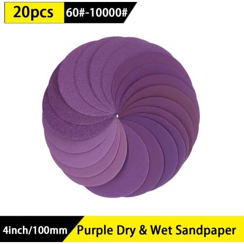 20Pcs 4 Inch Sanding Discs Hook & Loop Professional Purple Sandpaper Coarser to Finer for Wood Metal Car Polishing