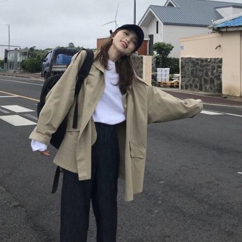 #6018 Grey Khaki Korean Style Trench Coat For Women Windbreaker Jacket Slim Casual Woman Coats With Hood Loose Thin Casaco