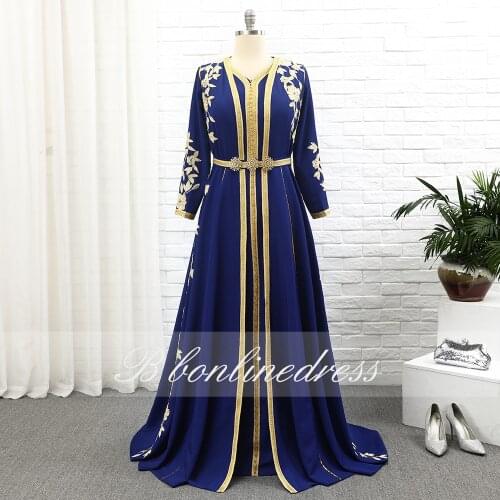 Bbonlinedress Muslim Evening Dresses 2020 Golden Embroidery Women Party Wear Moroccan Caftan Dress Formal Gowns robe de soiree