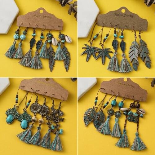 Bohemia Long Tassel Earrings Sets for Women Girls Green Brown Fringe Earrings Jewelry Ethnic Stones Shell Wooden Leather Earring