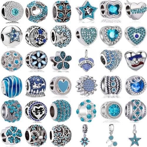European Dazzling Blue Crystal Beads Fit Original Pandora Charms Silver Color Bracelet Bead for Women Jewelry Making