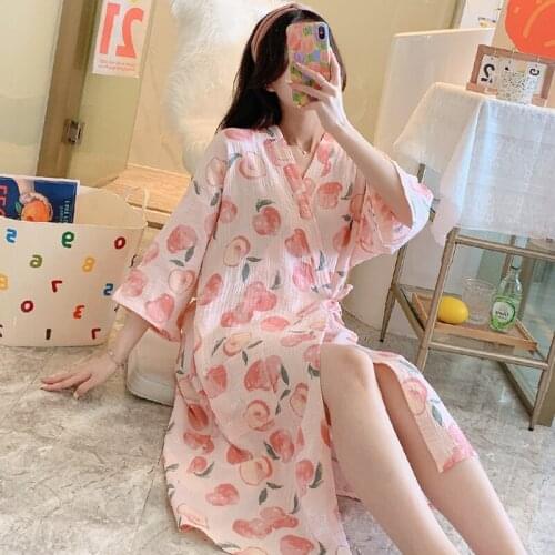 Kimono Bathrobes Women Gauze Cotton Home Clothes Japanese Nightgowns Sexy Robes Set Girls Nightwear Pink Peach Kawaii Costume