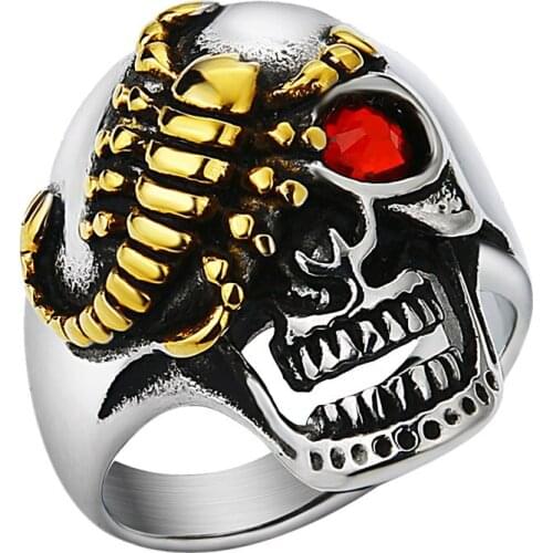 Mens gold Black Scorpion Skull Punk Gothic Ring stainless steel vintage biker band Rings with red eye for Men US Ring size