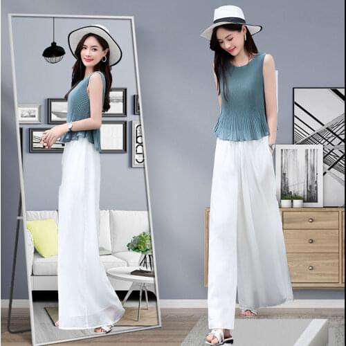 Women 2020 Summer Casual 2 Piece Chiffon Set Female Sleeveless Tops And Wide Leg Pants Suit High Waist Trousers Thin Outfits B16