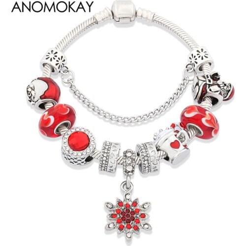 Red Crystal Snowflake Charm Bracelet Red Heart Arrow Murano Bead Bracelet Red Enamel Christmas Santa DIY Bracelet for Xmas Gift