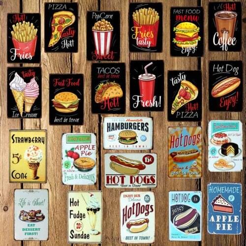 [ Mike86 ] FAST FOOD HOT DOG FRIES PIZZA APPLE PIE ICE CREAM Metal Sign Wall Plaque Poster Custom Painting Decor Art LT-1696