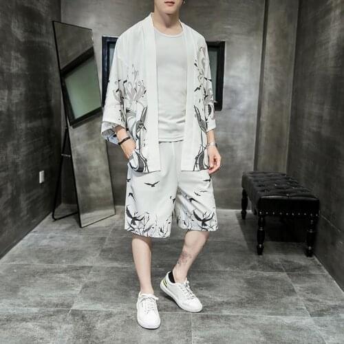 Mens Plus Size Japanese Streetwear Tracksuit Men Summer Two Piece Set Kimono Shirt Shorts Male Clothes Men Piece Set