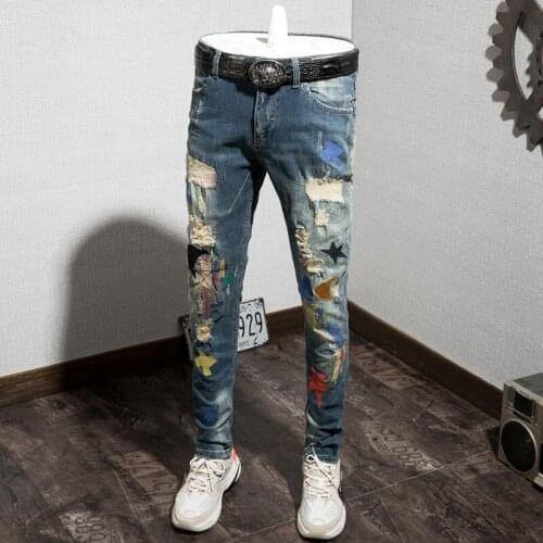 Autumn Men New Skinny Patchwork Jeans Size 28 36 Biker Outwear Pants Jeans Hombre