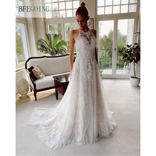 Ivory Lace Appliques Sleeveless Halter Floor-Length A-Line Wedding Dresses Chapel Train Bridal Gowns Custom Made