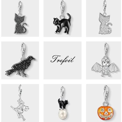 Black Cat Raven Bat Pumpkin Charms Pendant,Fashion Jewelry 925 Sterling Silver Trendy Gift For Women Boy Girls Fit Bracelet