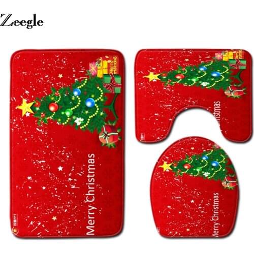 Christmas Bath Mat Set Bathroom Doormat Floor Carpet Anti-slip Shower Mat Absorbent Toilet Cover Seat Mat Toilet Pedestal Rug