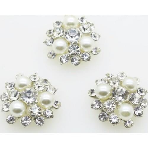 Silver 10PCS Vintage Handmade Flower Rhinestone Buttons Flatback Crystal Pearl Decorative Buttons Flower Center Craft Supplies