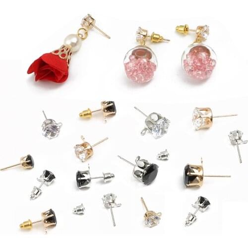6/8/10mm Zircon Crystal Gold Silver Ear Drop Stud With Hole Earrings Findings For Women DIY Handmade Jewelry Making Accessories