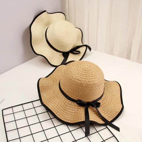 Women Bowknot Straw Weave Wavy Wide Brim Sunscreen Outdoor Beach Sunhat Cap Hat Sunhat Cap Hat Straw Hat Sunhat Cap Hat Straw Ha