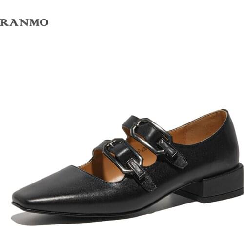 Vintage Square Toe Buckle Band Mary Janes Women Loafers Flat Shoes Woman Ballerina Slip on Shallow Solid Low Heels Moccasins2021
