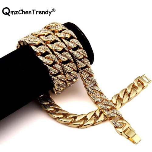 Hip hop Bling Iced Out Full Rhinestone Miami Cuban Chain Men Necklace Gold Cuban Link CZ Punk Male Rock Jewelry