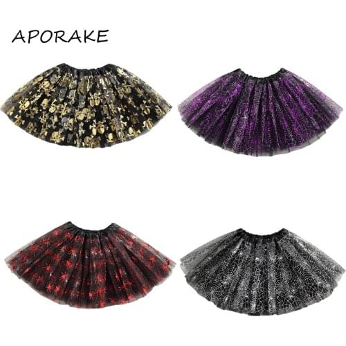2021 2-3Y Kids Girls Tutu Skirt Halloween Spider/Spider Web/Skull Patterns High Elastic Waist Tulle Skirt Costume For Party