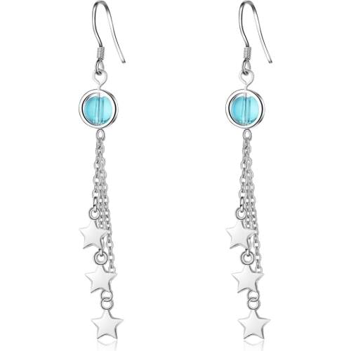 925 Sterling Silver Tassel Star Drop Earrings for Women Gift Jewelry Blue Crystal Ball Earring female Ear pendientes eh1067