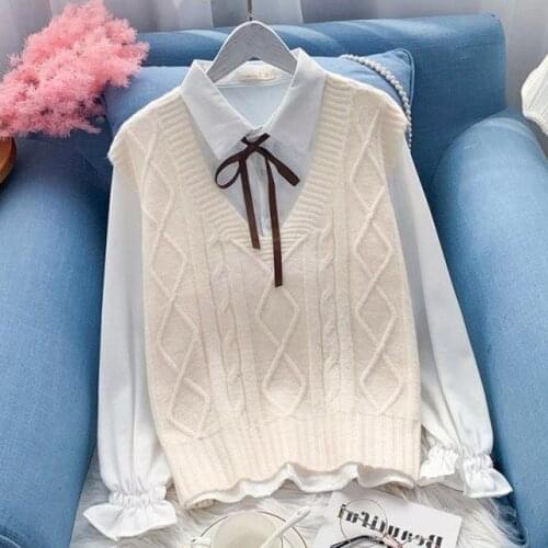 Women 2021 Spring Autumn Fashion Two-piece Suits Female V-neck Knitted Sweater Vest Ladies Solid Color Loose Blouses Sets E355