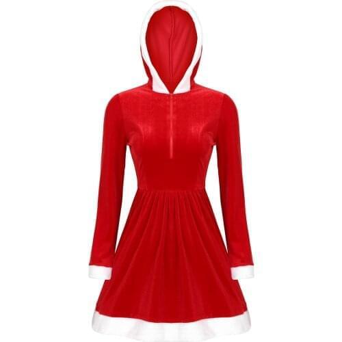 Women Christmas Costume Santa Claus Cosplay Holiday Party Flannel Long Sleeve Front Zipper Faux Fur Trim Hooded Dresses