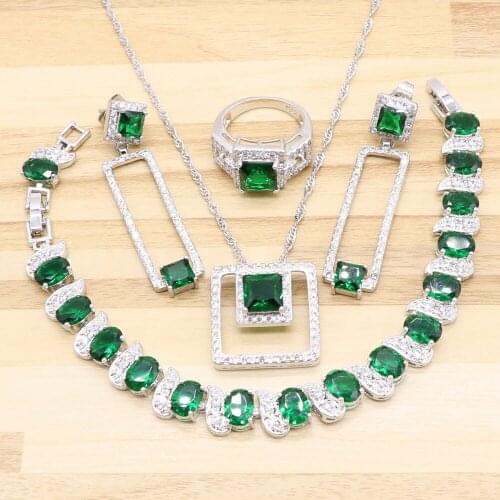 Women Green Imitated Emerald square Fashion Silver White crystal wedding Jewelry Sets Angelic Necklace Ring Earring Bracelet