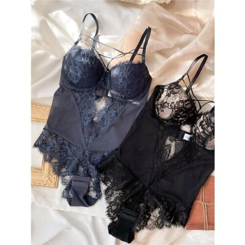 Ladies underwear gathered thicker bralette sexy lace sling bodysuit transparent beautiful back bow large size women bras