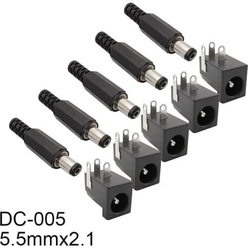 5Pairs DC Power Cable Male Plug Jack DC-005 5.5*2.1mm Connector 5.5mmx2.1 DC Power Socket PCB Mount Round Needle DIY Electronic