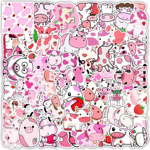 50pcs Strawberry Milk Cow Stickers For Notebook Stationery Notepad Pink Sticker Aesthetic Craft Supplies Scrapbooking Material