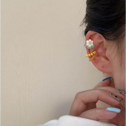 Acrylic Resin Ear Cuff Earring Set For Women Flower Beaded Transparent Clip On Earring Summer Cute Kawaii Jewelry Harajuku