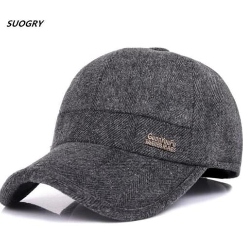 SUOGRY Wool Feel Baseball Cap Russia Winter Hats Warm With Fleece inside And Earflaps Mens Caps Vintage Baseball Hat