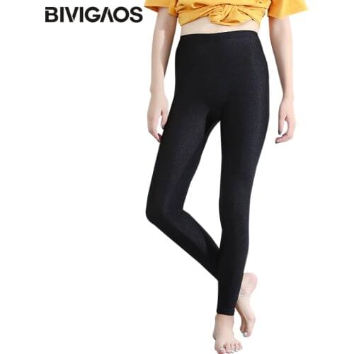 BIVIGAOS Women High Stretch Thin Gloss Leggings Black Slim Workout Leggings Ankle Length Sexy Legging Pants For Women Pantalones