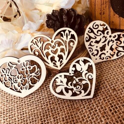 10pcs - DIY Hollowed Wood Love Heart Shape Hanging Ornament Mix, Wedding Decoration Tags Card Making Embellishments Supply