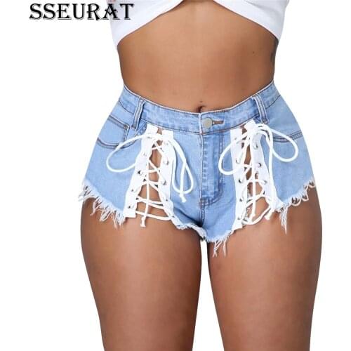 SSEURAT Women Jeans Low Waist Zip Pockets Criss-cross Bandage Elastic Denim Shorts Female Casual High Street Trousers Summer