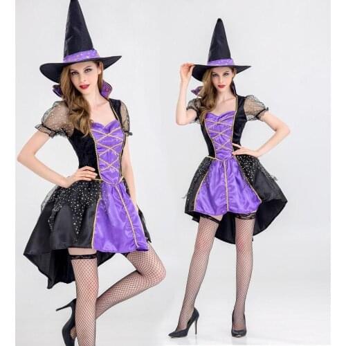 Halloween Witch Costume For Women Adult Sexy Purple Swallowtail Braces Dress Hat Carnival Party Female Suit
