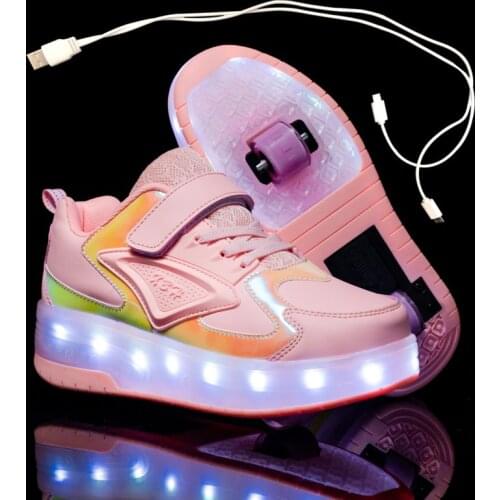 New Pink Blue Red USB Charging Fashion Girls Boys LED Light Roller Skate Shoes For Children Kids Sneakers With Wheels Two wheels