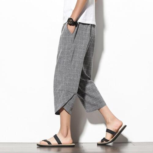 Mens Cotton Linen Cropped Pant Plaid Cool Casual Wide Leg Bloomers Drawstring Elastic Waist Calf-Length Trousers Plus Size 5XL