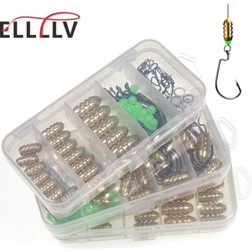Elllv Fishing Tackle Box Set Carolina/Texas Rig Wide Gap Worm Fishhook Copper Bullet Sinker/ Weight Luminous Beads Quick Snap