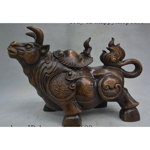 Folk Chinese Bronze Wealth Auspicious Zodiac Animal Year Oxen Bull Cattle Statue
