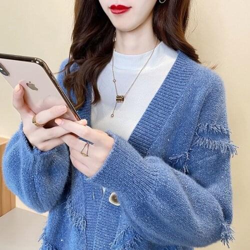 Autumn And Winter New Coat Women Loose Western Style Su Sweater Outer Wear V-Neck Long-sleeved Mink Velvet Knitted Cardigan