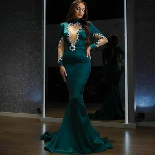 Eightale Arabic Evening Dresses Mermaid High Neck Beaded with Rhinestones Green Prom Gown Long Sleeves Formal Party Dress 2021
