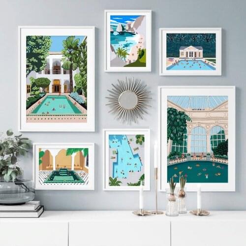 Cartoon Swimming Pool Summer Seaside Vacation Illustration Canvas Painting Wall Art Poster Prints Home Decor Picture Living Room