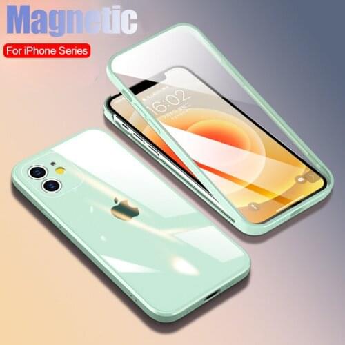 Luxury 360 Magnetic Adsorption Case for iPhone 12 11 Pro Max X XR XS 8 7 6 Plus 6s 13 Mini Magnet Tempered Glass Cover Cases