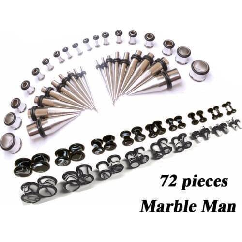 72piece Marble Man Ear Taper Plug Tunnel Earring Gauge Kit Black Marble Swirl Piercing Stretching Expander Set 14 to 00 Gauge