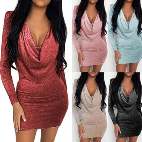 Shiny Evening Women Dress Plunge Scarf Collar Drape Dress Heap Long Sleeve Sukienka Sexy Club Wear Bodycon Mini Dress Tight Slim