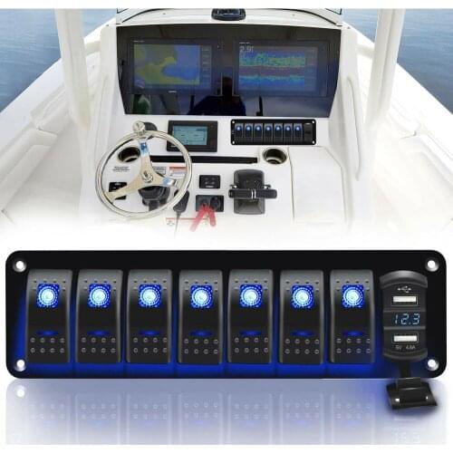 Waterproof 8 Gang Auto Boat Marine LED Rocker Switch Panel Circuit Breakers 4.8A Dual USB Slot Socket Digital Voltage Display