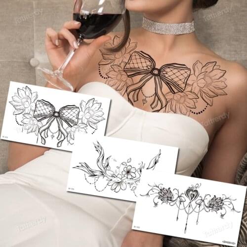 Temporary tattoo sticker women big body tatto large chest sternum tattoo breast black henna tattoo lace jewelry flowers design