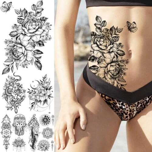 Big Black Peony Flower Temporary Tattoos For Women Adult Whale Elephant Snake Fake Tattoo Body Art Butterfly Tatoos Paper