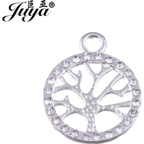 JUYA High Quality Charms Pendants for Necklace Handmade 22.5x18.5mm 5pcs/lot Metal Tree of Life CZ Rhinestone Pendants AO0423