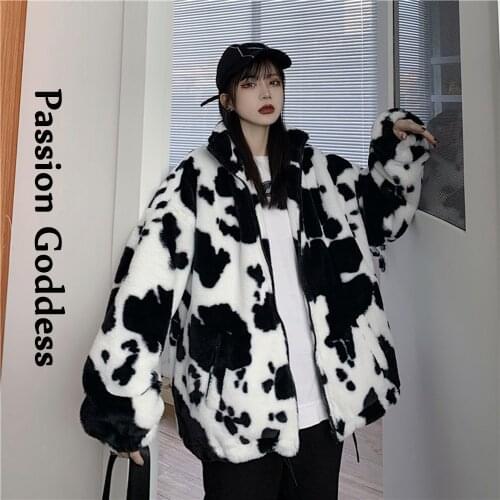 Korean Style Winter Women Cow Plush Jacket Harajuku Cute Fluffy Thick Jacket Fluffy Outwear Femme Oversized Flannel Fuzzy Jacket